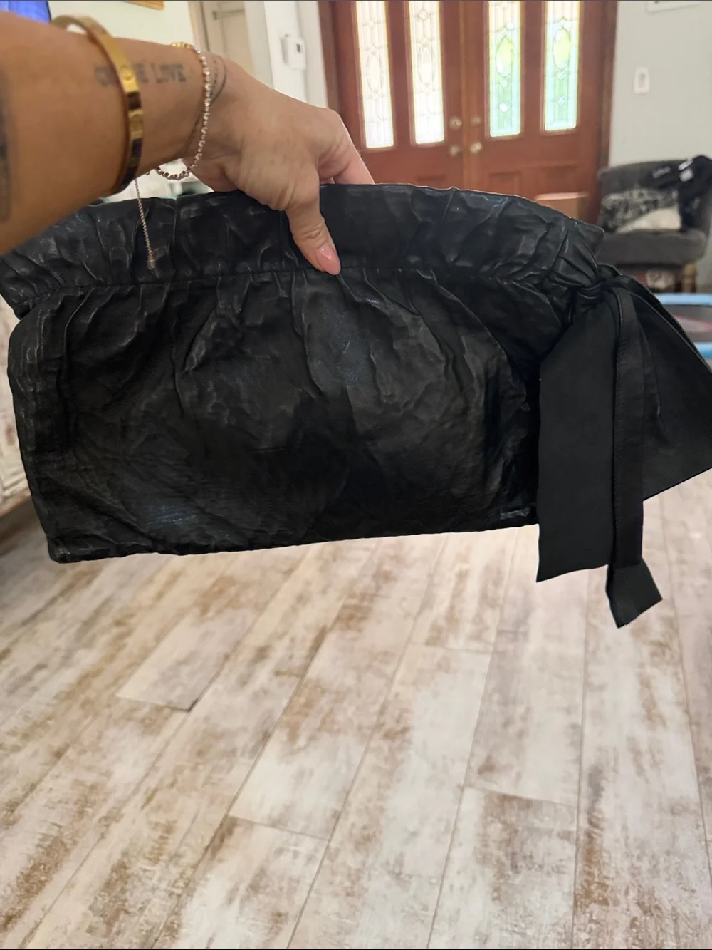Prada Black Gathered Leather Clutch with Gold Logo Accent